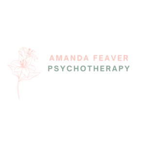 Amanda Feaver Psychotherapy words with pink flower (logo)